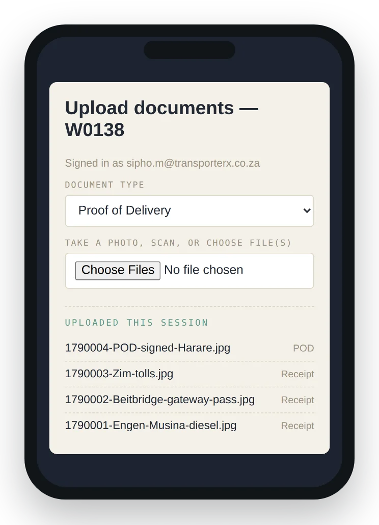 The driver's upload page on a phone, with a signed proof of delivery and receipts uploaded for one load